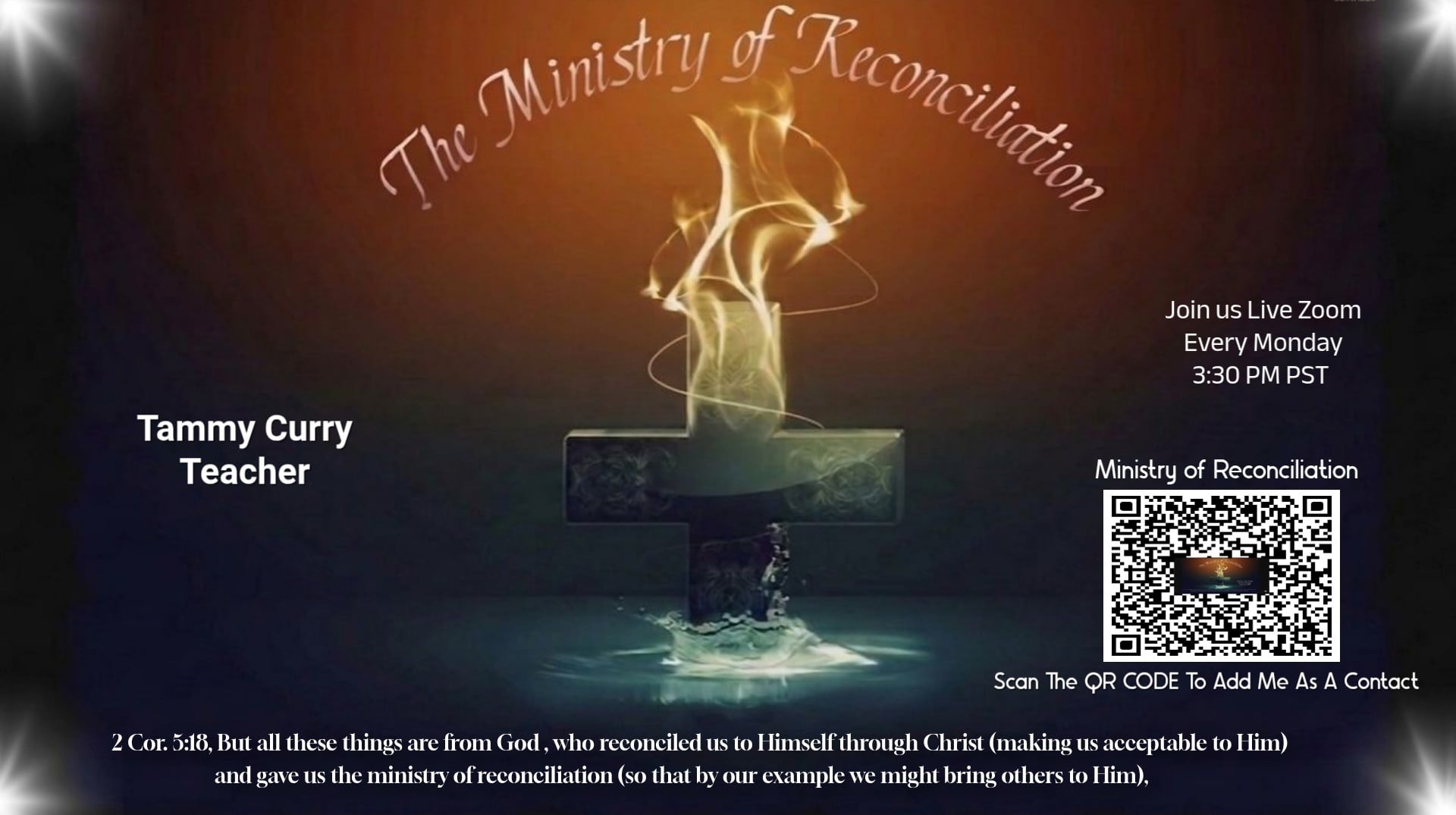 The Ministry of Reconciliation live Zoom teaching announcement with QR code