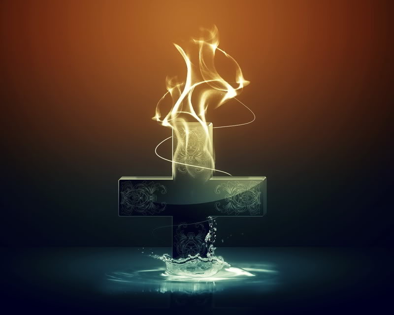 Glowing cross with golden flames rising from water
